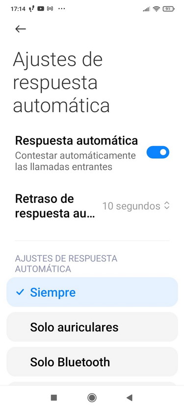 Imagen de la configuración de Respuesta automática en el teléfono Xiaomi Redmi 9AT
